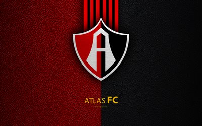 Atlas FC, 4k, du cuir &#224; la texture, le logo, les Mexicains du club de football rouge trait noir, Liga MX, Primera Division, Guadalajara, Mexique, football