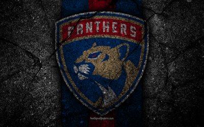 4k, Florida Panthers, logo, hockey club, NHL, black stone, Eastern Conference, USA, Asphalt texture, hockey, Atlantic Division