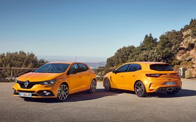 4k, Renault Megane RS, estacionamento, 2018 carros, amarelo Megane RS, franc&#234;s carros, Renault
