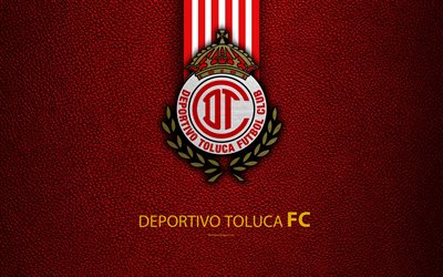 Real Madrid Toluca FC, 4k, deri doku, logo, Meksika Futbol Kul&#252;b&#252;, kırmızı beyaz &#231;izgiler, Lig MX, Lig, Toluca de Lerdo, Mexico, futbol