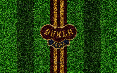 Dukla de Praga FC, 4k, logotipo, f&#250;tbol de c&#233;sped, borgo&#241;a l&#237;neas amarillas, checa club de f&#250;tbol de c&#233;sped de textura, 1 Liga, Praga, Rep&#250;blica checa, checa Primero de la Liga, el f&#250;tbol, el FK Dukla