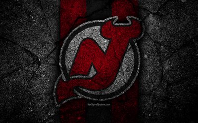 4k, New Jersey Devils, logosu, hokey kul&#252;b&#252;, NHL, siyah taş, Doğu Konferansı, ABD, Asfalt doku, hokey, B&#252;y&#252;kşehir B&#246;l&#252;m&#252;