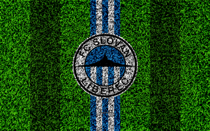 Le FC Slovan Liberec, 4k, logo, football pelouse, blanc bleu lignes, tch&#232;que, club de football, texture d&#39;herbe, 1 Liga, Libert&#233;s, R&#233;publique tch&#232;que, tch&#232;que Premi&#232;re Ligue de football