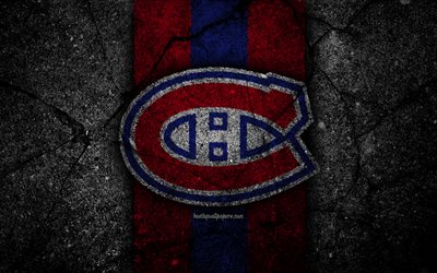 4k, Montreal Canadiens, logo, hockey club, NHL, black stone, Eastern Conference, USA, Asphalt texture, hockey, Atlantic Division