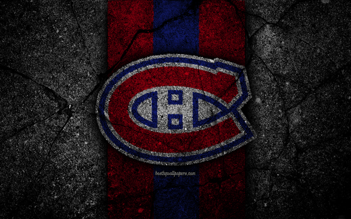 4k, Montreal Canadiens, logo, hockey club, NHL, black stone, Eastern Conference, USA, Asphalt texture, hockey, Atlantic Division