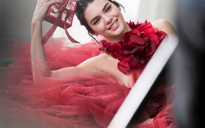 Kendall Jenner, 4k, con un vestido rojo, la actriz estadounidense, estrellas de cine, de Hollywood, sesi&#243;n de fotos, la belleza, la sonrisa