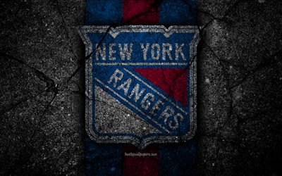 4k, New York Rangers, logo, hockey club, NHL, musta kivi, It&#228;isen Konferenssin, USA, NY Rangers, Asfaltti rakenne, j&#228;&#228;kiekko, Metropolitan Division