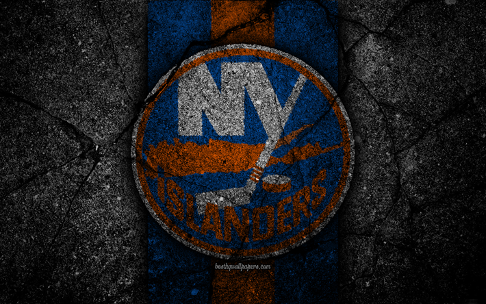 4k, New York Islanders, logo, hockey club, NHL, black stone, Eastern Conference, USA, NY Islanders, Asphalt texture, hockey, Metropolitan Division