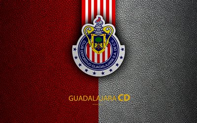 CD Guadalajara Chivas, 4k, deri doku, logo, Meksika Futbol Kul&#252;b&#252;, kırmızı beyaz &#231;izgiler, Lig MX, real, Guadalajara, Meksika, futbol