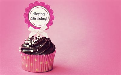 Feliz Anivers&#225;rio, bolo de chocolate, parab&#233;ns, bolo em um fundo rosa, Anivers&#225;rio conceitos