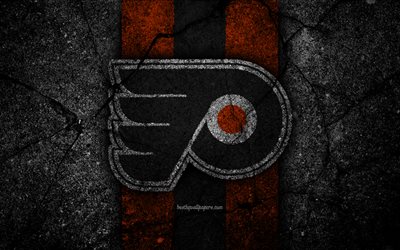 4k, Philadelphia Flyers, logo, h&#243;quei clube, NHL, pedra preta, Confer&#234;ncia Leste, EUA, A textura do asfalto, h&#243;quei, Metropolitana De Divis&#227;o