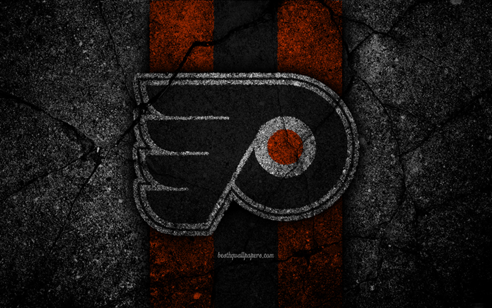 4k, Philadelphia Flyers, logo, hockey club, NHL, black stone, Eastern Conference, USA, Asphalt texture, hockey, Metropolitan Division