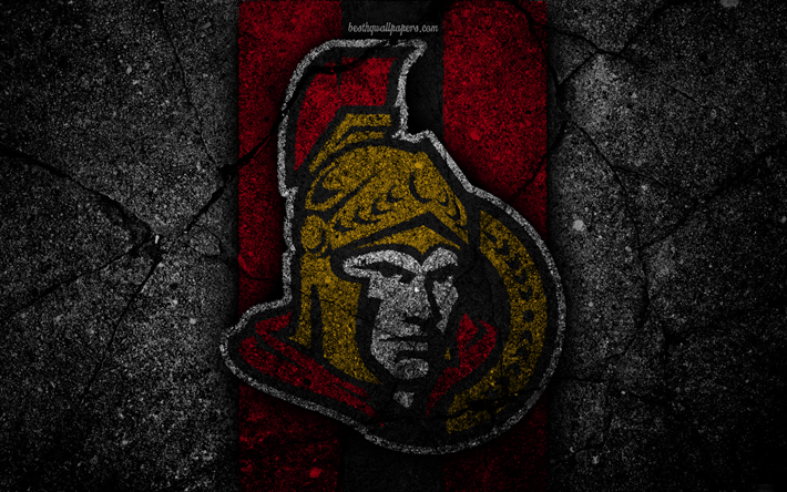 4k, Ottawa Senators, logo, hockey club, NHL, black stone, Eastern Conference, USA, Asphalt texture, hockey, Atlantic Division
