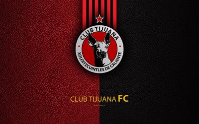 Club Tijuana, 4k, deri doku, logo, Meksika Futbol Kul&#252;b&#252;, kırmızı siyah &#231;izgiler, Lig MX, real Tijuana, Meksika, futbol