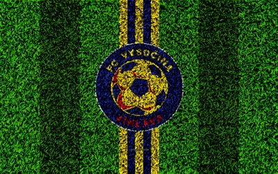 FC Vysocina Jihlava, 4k, logo, football lawn, blue yellow lines, Czech football club, grass texture, 1 Liga, Jihlava, Czech Republic, Czech First League, football