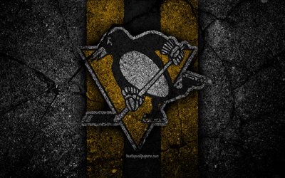 4k, Pittsburgh Penguins, logo, hockey club, NHL, pietra nera, Eastern Conference, USA, Asfalto texture, l&#39;hockey, il Metropolitan Division