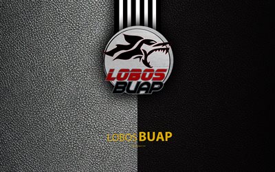 Lobos BUAP, 4k, leather texture, logo, Mexican football club, white black lines, Liga MX, Primera Division, Puebla de Zaragoza, Mexico, football