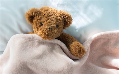 brown teddy bear, bed, blanket, cute toys, illness concepts