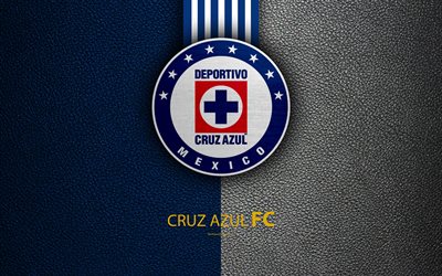 Cruz Azul FC, 4k, l&#228;der konsistens, logotyp, Mexikansk fotboll club, vit bl&#229; linjer, Liga MX, Primera Division, Mexico City, Mexiko, fotboll