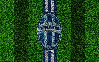 Mlada Boleslav FC, 4k, logo, calcio prato, blu, bianco, linee, la ceca football club, erba texture, 1 Lega, Mlada Boleslav, Repubblica ceca, Czech Primo Campionato, calcio