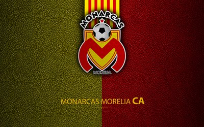 monarcas morelia, 4k, leder textur, logo, mexikanische fu&#223;ball club rot-gelben linien, die liga mx, primera division, morelia, mexiko, fu&#223;ball