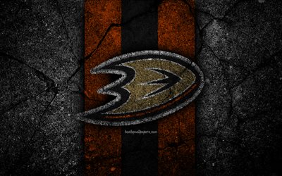 4k, Anaheim Ducks, logo, hockey club, NHL, black stone, Western Conference, USA, Asphalt texture, hockey, Pacific Division