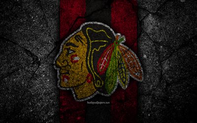 4k, Chicago Blackhawks, logo, hockey club, NHL, black stone, Western Conference, USA, Asphalt texture, hockey, Central Division