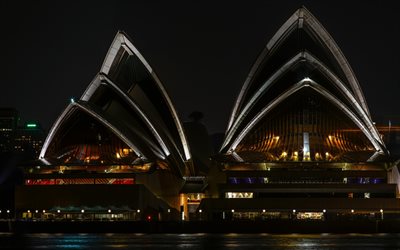 Sydney Opera House, arquitetura moderna, Sydney, noite, vista frontal, estrutura arquitect&#243;nica, Austr&#225;lia