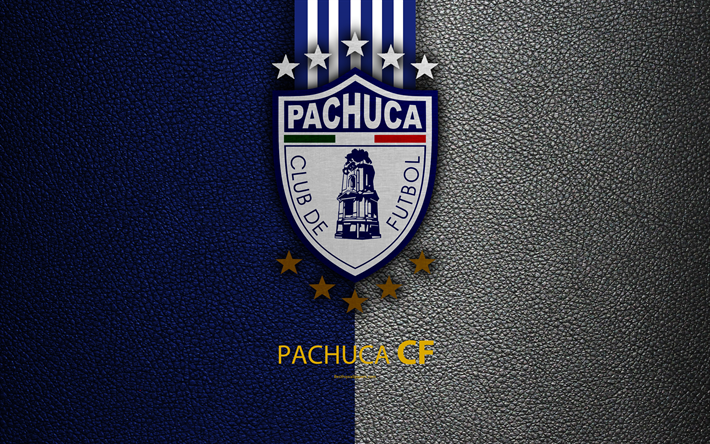 cf pachuca, 4k, leder textur, logo, mexikanische fu&#223;ball club blau wei&#223;e linien, liga mx, primera division, pachuca de soto, hidalgo, mexiko, fu&#223;ball