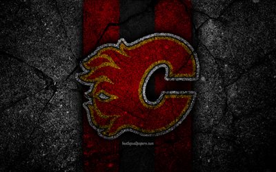 4k, Calgary Alevler, logo, hokey kul&#252;b&#252;, NHL, siyah taş, Batı Konferansı, ABD, Asfalt doku, hokey, Pasifik B&#246;l&#252;m&#252;
