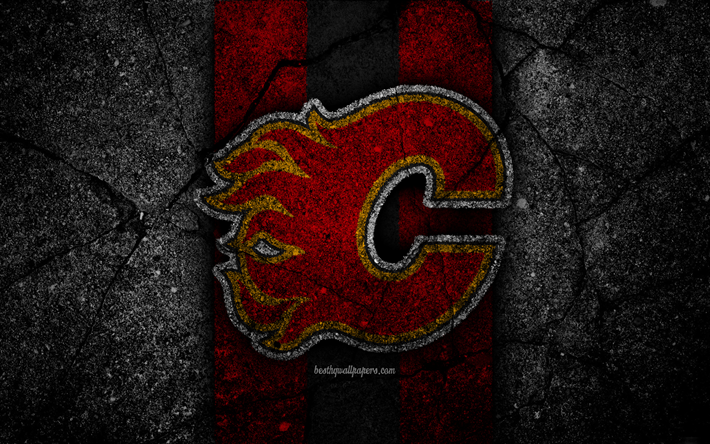 4k, Calgary Flames, logo, hockey club, NHL, black stone, Western Conference, USA, Asphalt texture, hockey, Pacific Division