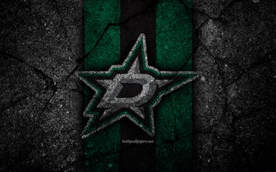 4k, Dallas Stars, logosu, hokey kul&#252;b&#252;, NHL, siyah taş, Batı Konferansı, ABD, Asfalt doku, hokey, Merkez şube