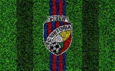 O FC Viktoria Plzen, 4k, logo, futebol gramado, azul linhas vermelhas, Checa futebol clube, grama textura, 1 Liga, Plzen, Rep&#250;blica Checa, Checa Primeira Liga, futebol