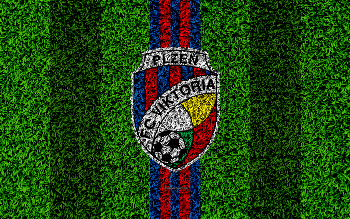 FC Viktoria Plzen, 4k, logo, football lawn, blue red lines, Czech football club, grass texture, 1 Liga, Plzen, Czech Republic, Czech First League, football