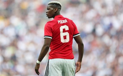 Paul Pogba, 4k, Manchester United, French football player, red T-shirt, Premier League, England, football, young football stars