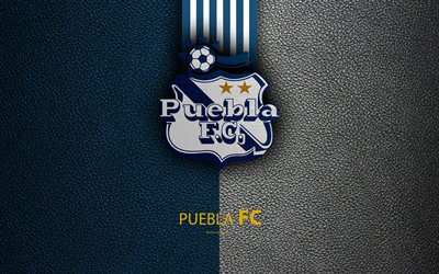 Puebla FC, 4k, leather texture, logo, Mexican football club, blue white lines, Liga MX, Primera Division, Puebla de Zaragoza, Mexico, football