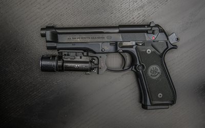 Beretta M9, self-loading combat pistol, American weapons, pistol with flashlight