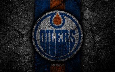 4k, Edmonton Oilers, logo, hockey club, NHL, black stone, Western Conference, USA, Asphalt texture, hockey, Pacific Division