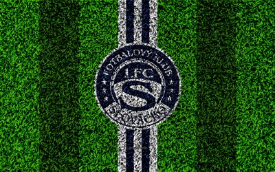 FC Slovacko, 4k, logo, jalkapallo nurmikko, blue white lines, Tšekin football club, ruohon rakenne, 1 Liga, Uherske Hradiste, Tšekin Tasavalta, Tšekki Ensin Liigan, jalkapallo