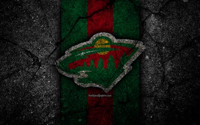 4k, Minnesota Wild, logo, hockey club, NHL, black stone, Western Conference, USA, Asphalt texture, hockey, Central Division