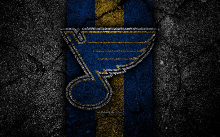 4k, St Louis Blues, logo, hockey club, NHL, black stone, Western Conference, USA, Asphalt texture, hockey, Central Division