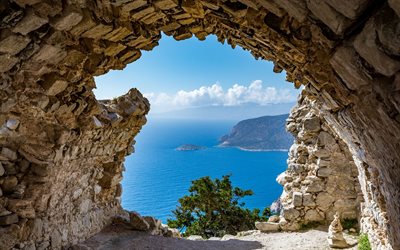 mountain cave, luxury seascape, Mediterranean Sea, summer, mountains, Greece