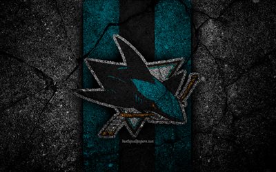 4k, San Jose Sharks, logo, h&#243;quei clube, NHL, pedra preta, Confer&#234;ncia Oeste, EUA, A textura do asfalto, h&#243;quei, Divis&#227;o Pac&#237;fico