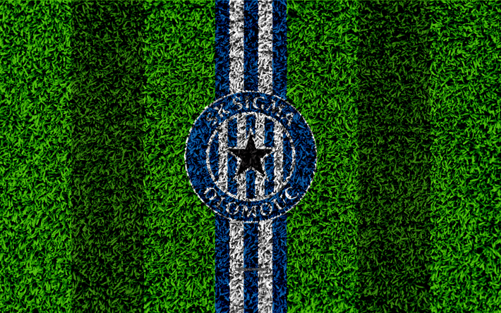SK Sigma Olomouc, 4k, logo, football lawn, blue white lines, Czech football club, grass texture, 1 Liga, Olomouc, Czech Republic, Czech First League, football