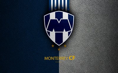 CF Monterrey, 4k, textura de cuero, logotipo, Mexicana de f&#250;tbol del club, azul, blanco, de l&#237;neas, de la Liga MX, la Primera Divisi&#243;n, Monterrey, M&#233;xico, el f&#250;tbol