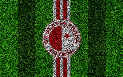 SK Slavia Praha, 4k, logo, football lawn, red white lines, Czech football club, grass texture, 1 Liga, Prague, Czech Republic, Czech First League, football