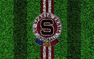 AC Sparta Praha, 4k, logo, jalkapallo nurmikko, viininpunainen valkoinen linjat, Tšekin football club, ruohon rakenne, 1 Liga, Praha, Tšekin Tasavalta, Tšekki Ensin Liigan, jalkapallo, Sparta FC