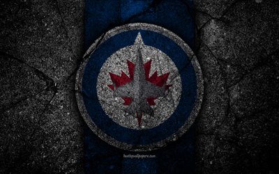 4k, Winnipeg Jets, logo, hockey club, NHL, black stone, Western Conference, USA, Asphalt texture, hockey, Central Division