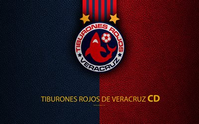 Veracruz FC, CD Tiburones Rojos de Veracruz, 4k, leather texture, logo, Mexican football club, blue red lines, Liga MX, Primera Division, Veracruz, Mexico, football