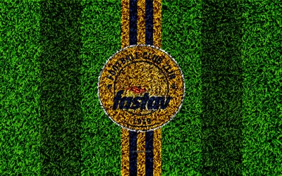 FC Fastav Zlin, 4k, logo, football lawn, yellow blue lines, Czech football club, grass texture, 1 Liga, Zlin, Czech Republic, Czech First League, football